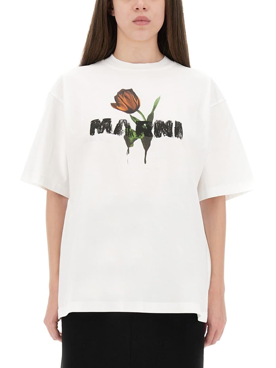 Marni White Cotton T-Shirt with Tulip Print