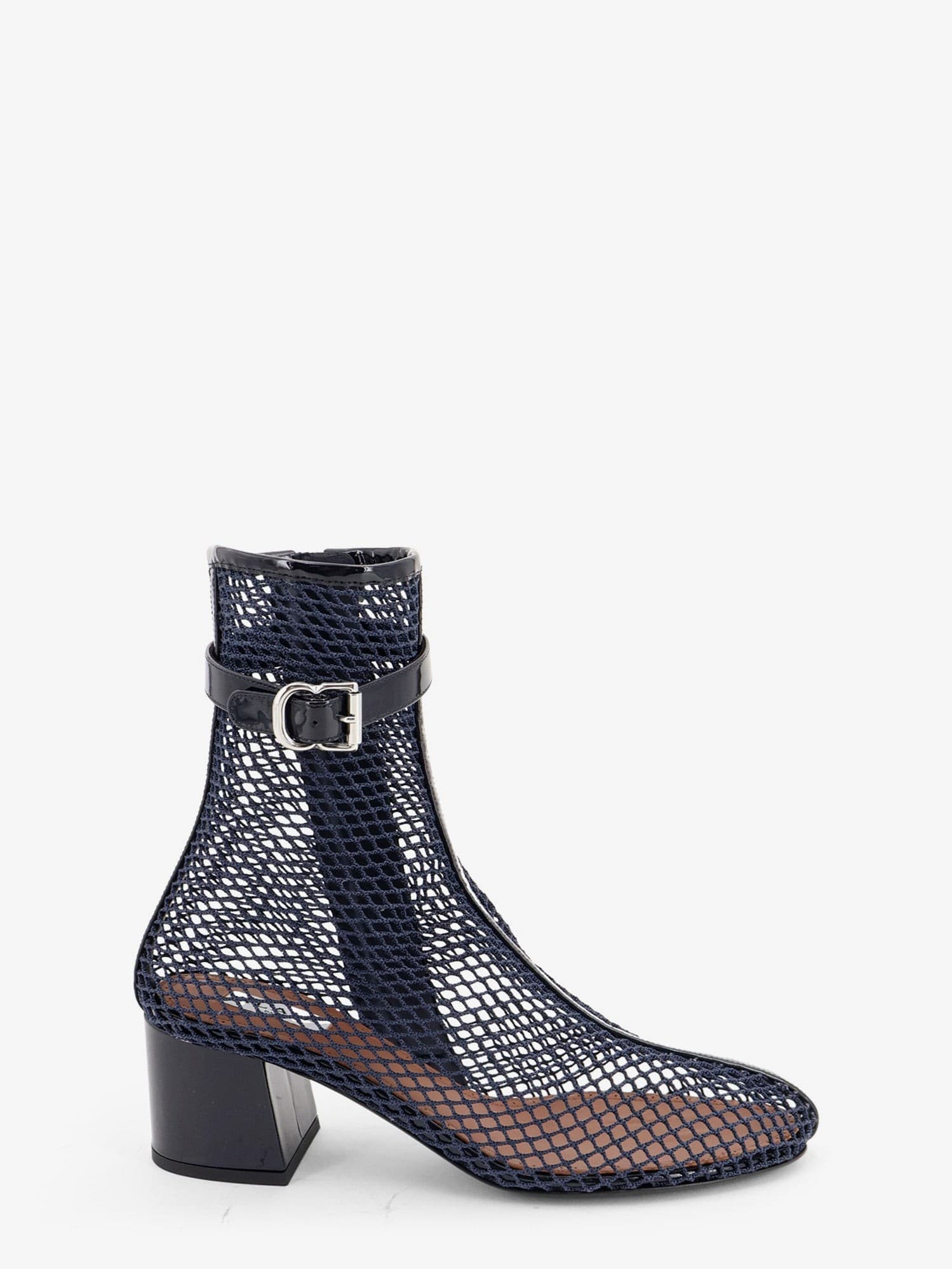 Alaia Fishnet 55 mesh and patent leather boots